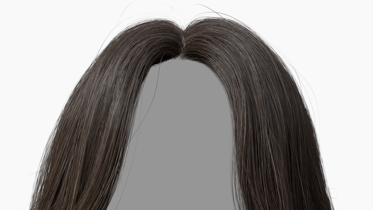 High-detail close-up of the middle parting on a real-time polygonal female hair mesh, emphasizing realistic hair texture and structure. Designed for compatibility with HD and SD 3D head scans, ideal for adding authenticity to digital models across various 3D applications.