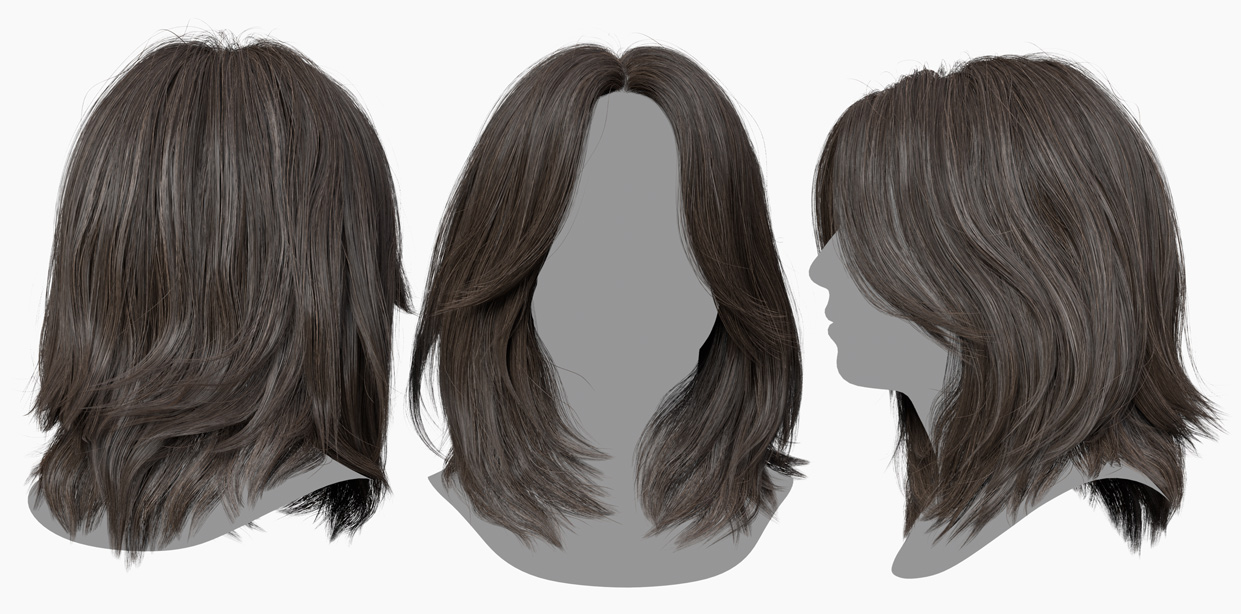 Front, side, and back views of a real-time polygonal female hair mesh with a middle parting. Designed for seamless integration with HD and SD 3D head scans, ideal for lifelike hair modeling in various 3D software platforms. Includes textures and Marmoset and Blender render scenes for easy application