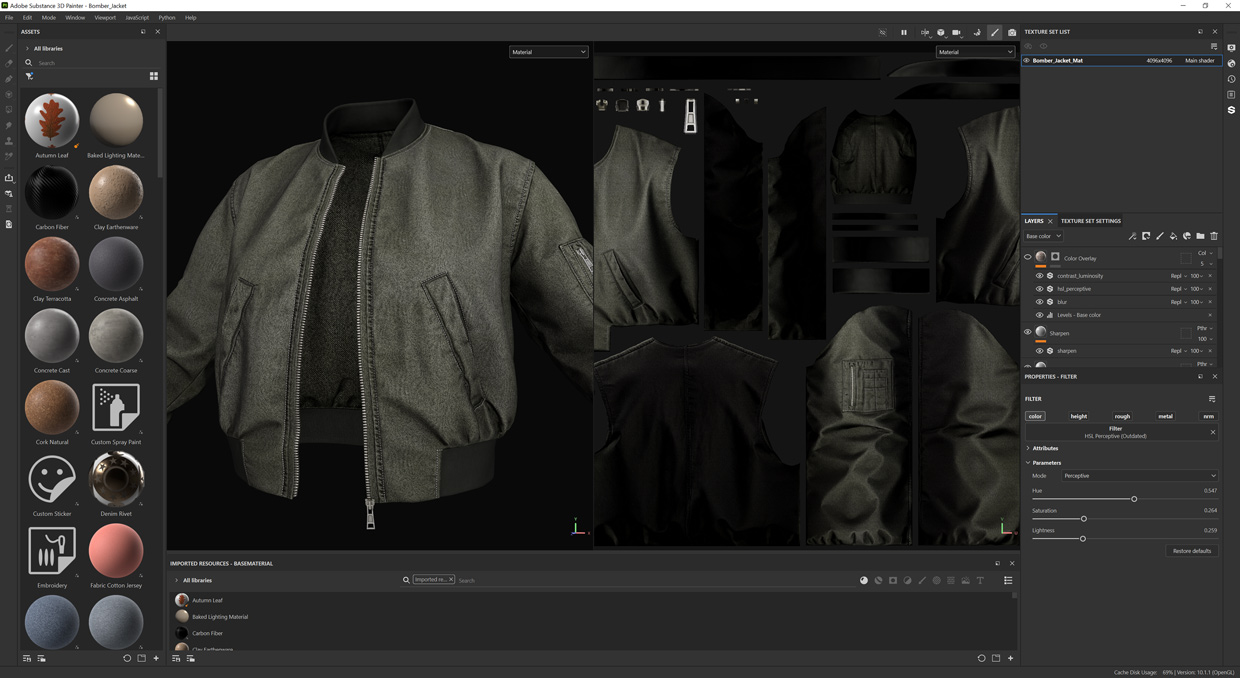 Substance Painter screenshot of female bomber jacket 3D model with advanced texturing