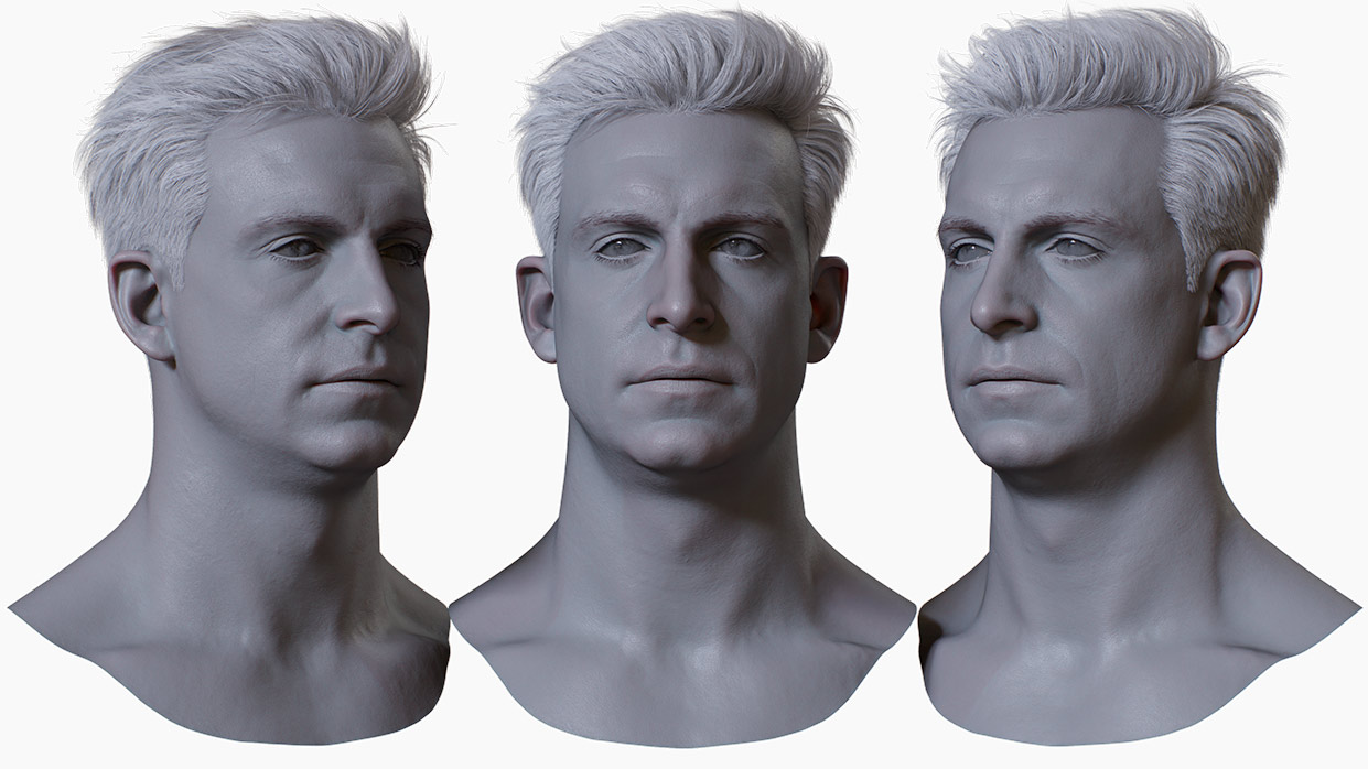 Realistic Clay Render 3D Male Head Model with Polygon Hair - 3DScanStore