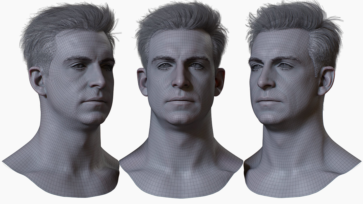 3D Male Head Model Wireframe with Polygon Hair - High-Resolution Wireframe Render - 3DScanStore