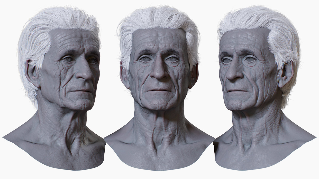 High-Detail Clay Render of 3D Male Head Model with Polygon Hair - 3DScanStore