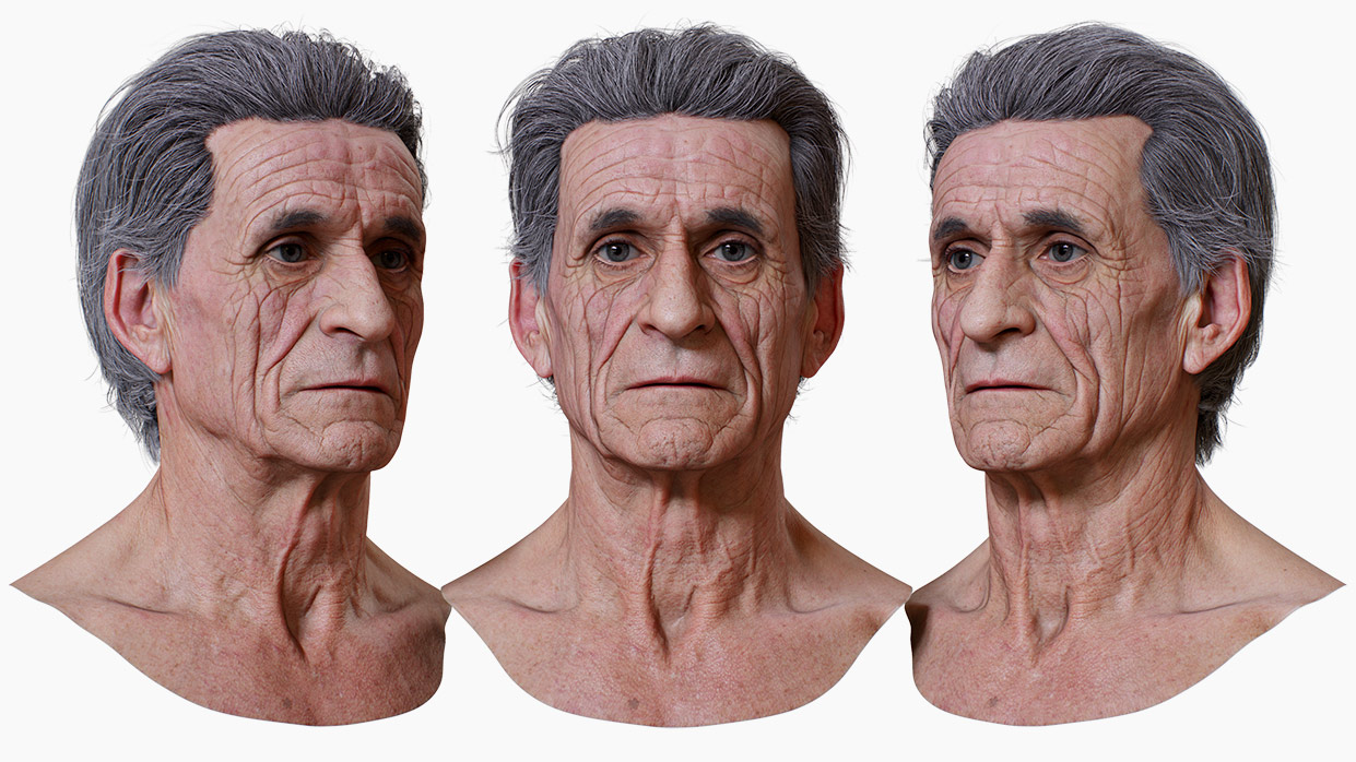 High-Resolution 3D Elderly Male Head Model with Detailed Polygon Hair - 3DScanStore