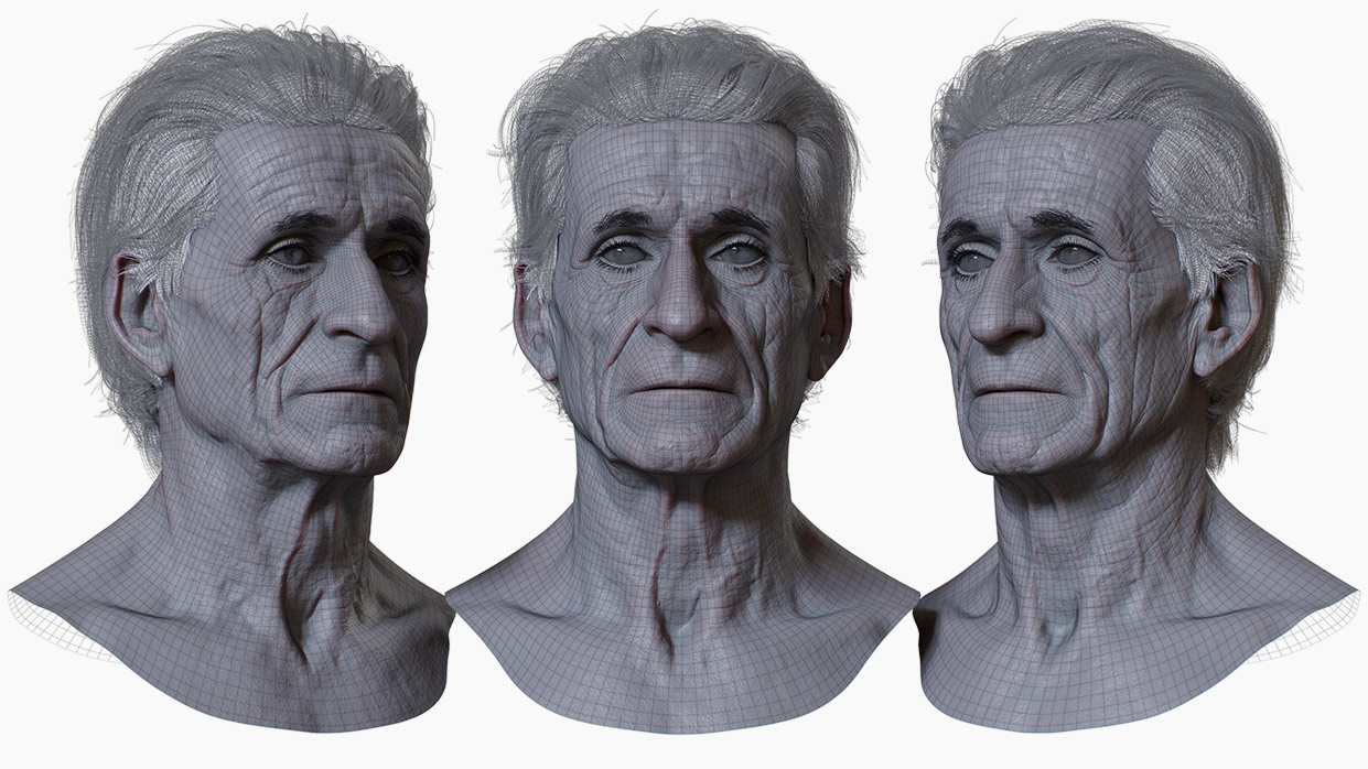 Detailed Wireframe Render of 3D Male Head Model with Polygon Hair - 3DScanStore