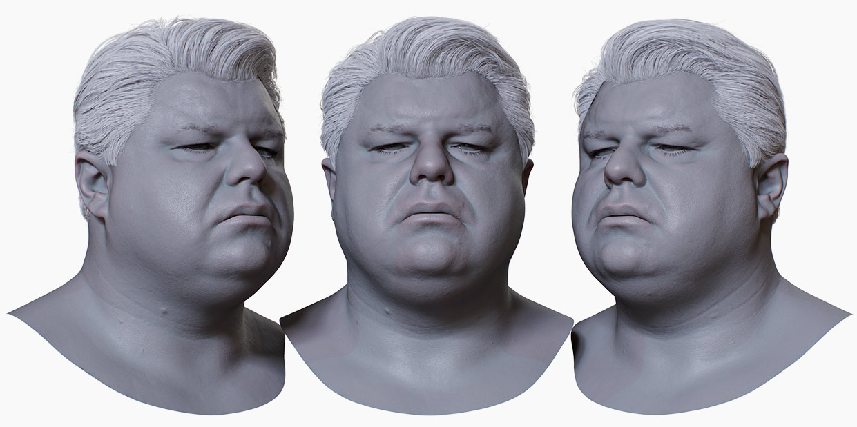 High-Detail Clay Render of 3D Overweight Male Head Model with Polygon Hair - 3DScanStore