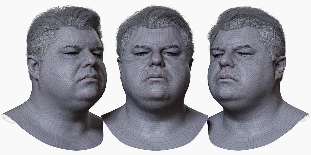 Detailed Wireframe Render of 3D Overweight Male Head Model with Polygon Hair - 3DScanStore