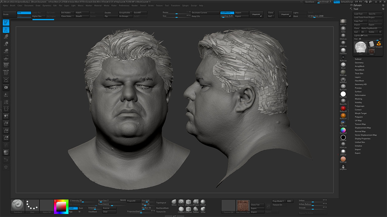 High-Detail ZBrush Sculpt 3D Overweight Male Head with Polygon Hair - 3DScanStore