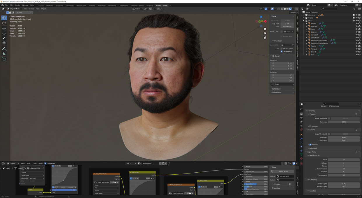 High-Resolution 3D Asian Male Head Model with Detailed Polygon Hair - 3DScanStore