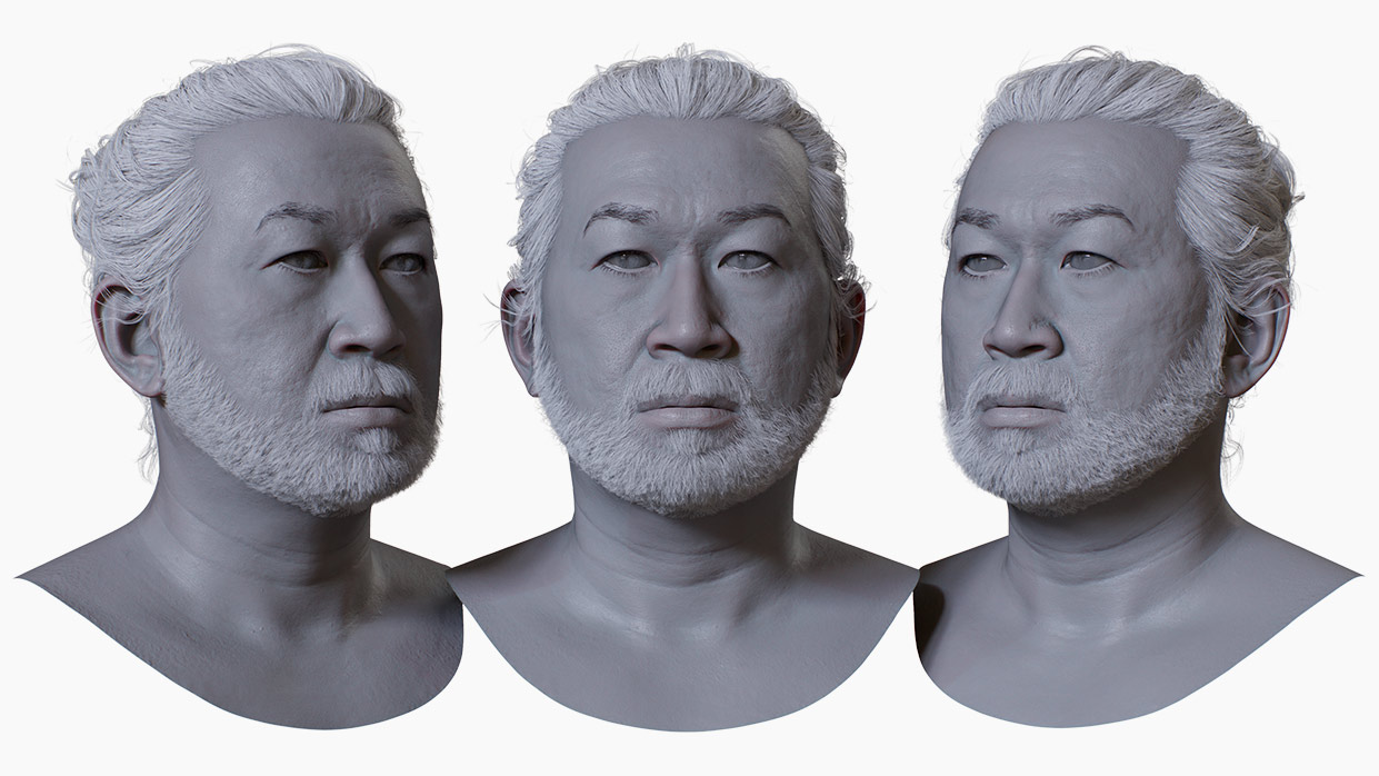 High-Detail Clay Render of 3D Asian Male Head Model with Polygon Hair - 3DScanStore