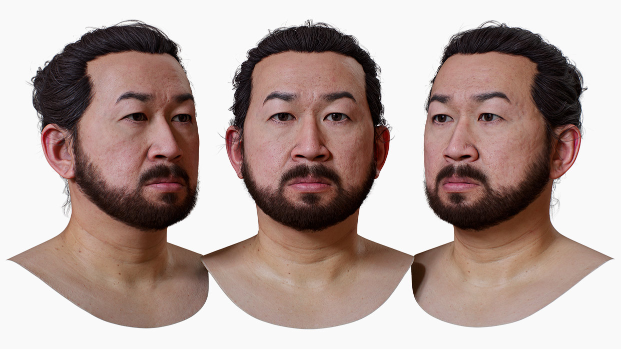 High-Resolution 3D Asian Male Head Model with Polygon Hair in Blender - 3DScanStore