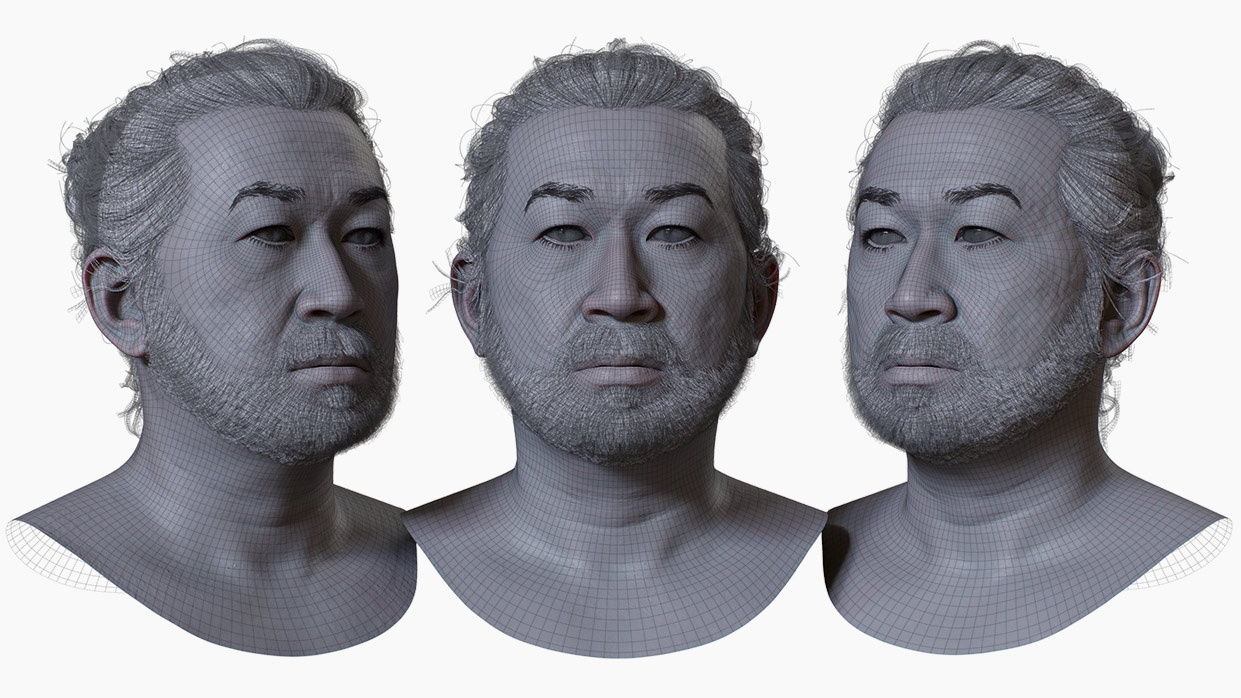 Detailed Wireframe Render of 3D Asian Male Head Model with Polygon Hair - 3DScanStore