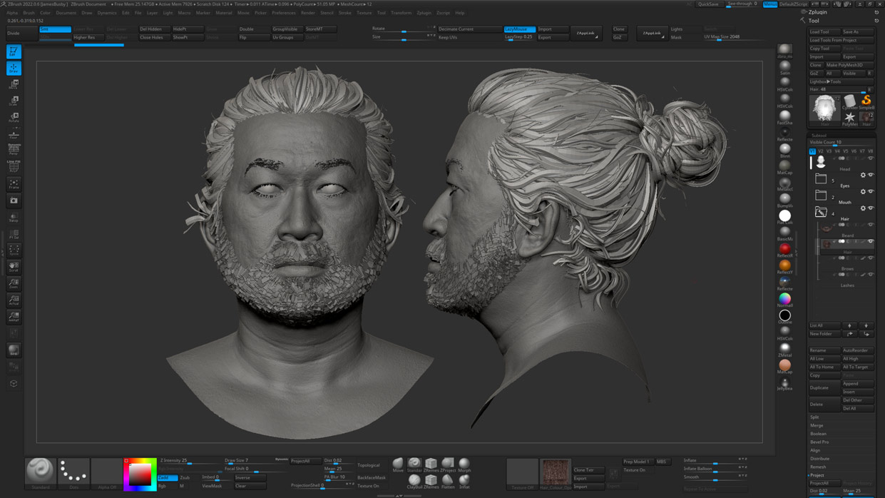 High-Detail ZBrush Sculpt 3D Asian Male Head with Polygon Hair - 3DScanStore