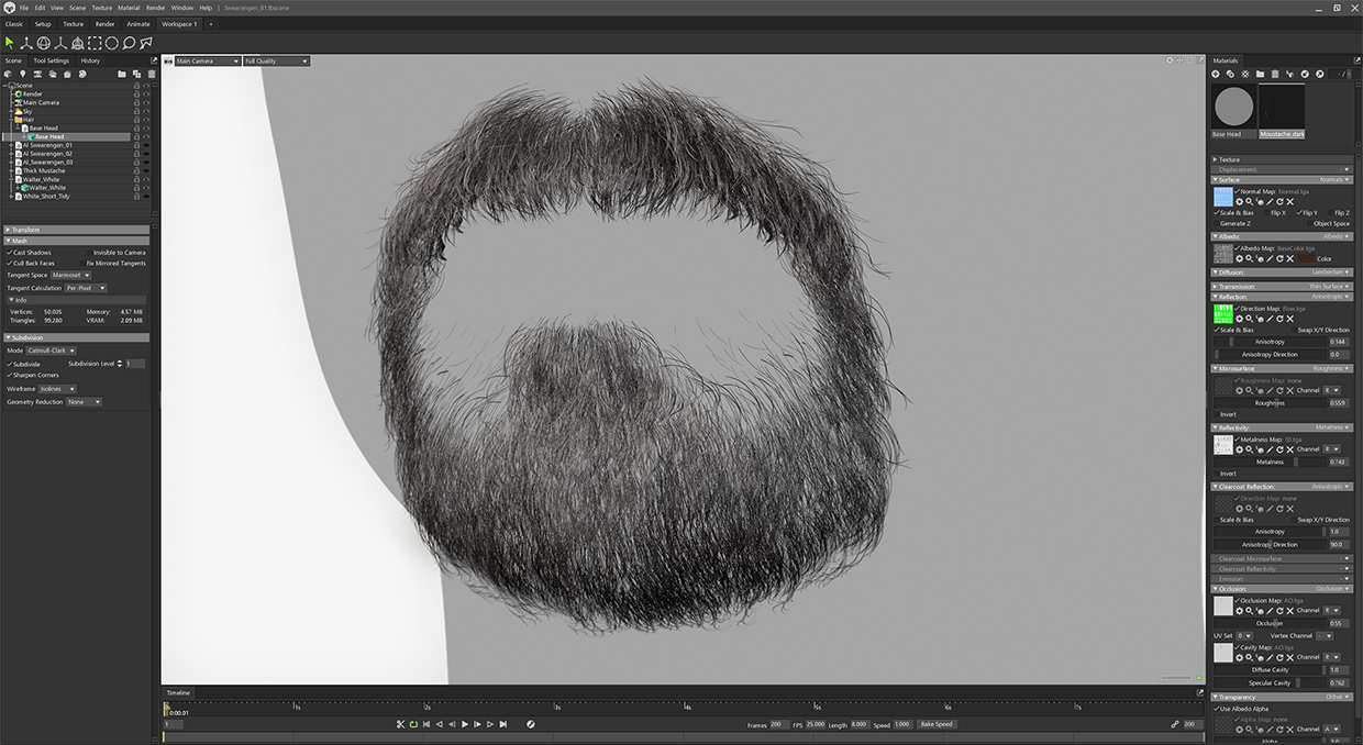 Screenshot highlighting the mustache and beard model rendered in Marmoset Toolbag with full PBR texture support.