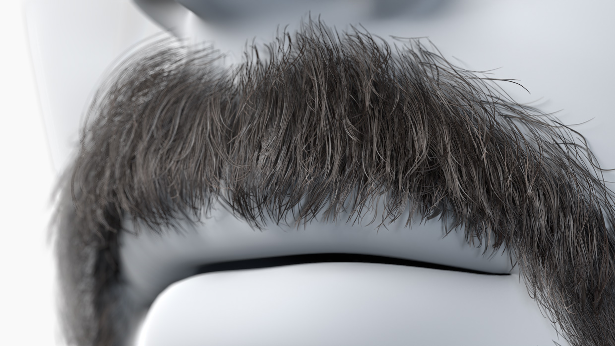 Detailed close-up view of the real-time mustache model, showing the fine hair strands and surface texture.