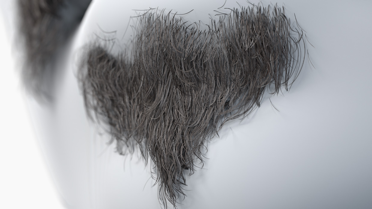 Final close-up image displaying the realistic shading, hair thickness, and texture accuracy of the mustache model.